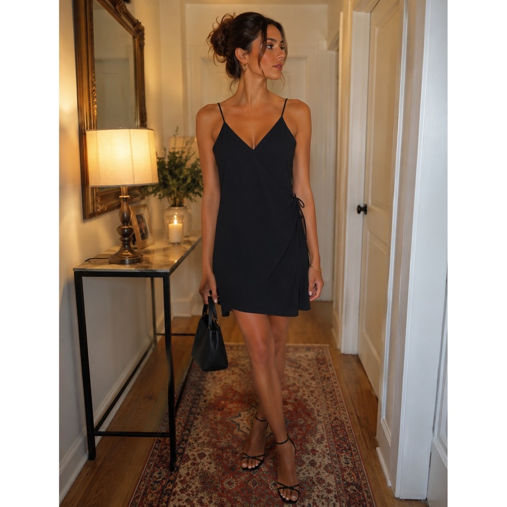 Rumor Boutique Black Wrap Mini Dress Adjustable‎ Straps Size 8 (Runs Small)